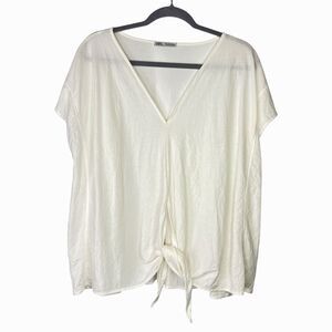 Zara Front Tie Knot Lightly Crinkled Cap Sleeve Relaxed Top Size Medium White